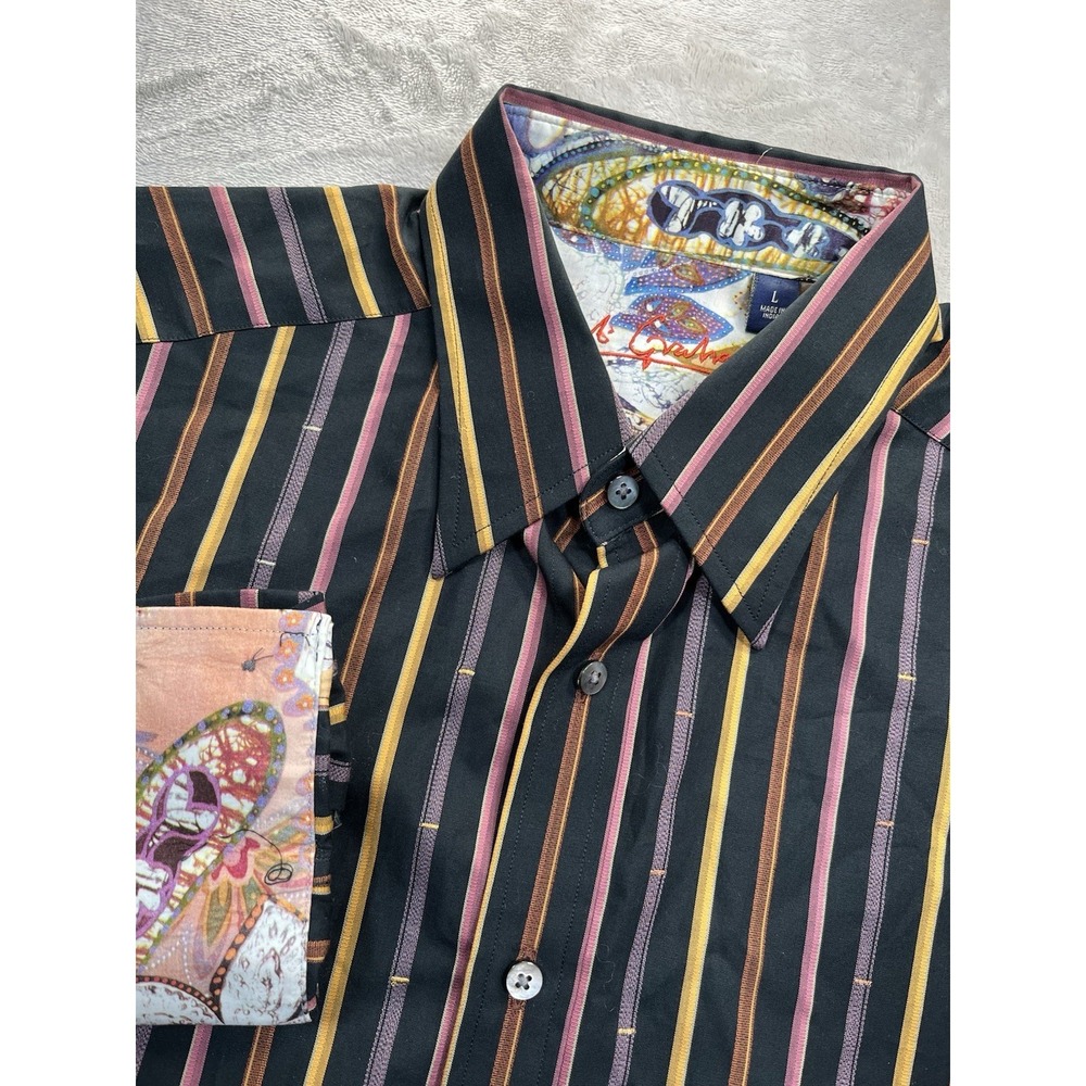 Robert Graham Shirt Black Striped Paisley Flip Cuff Mens Button Front Size L